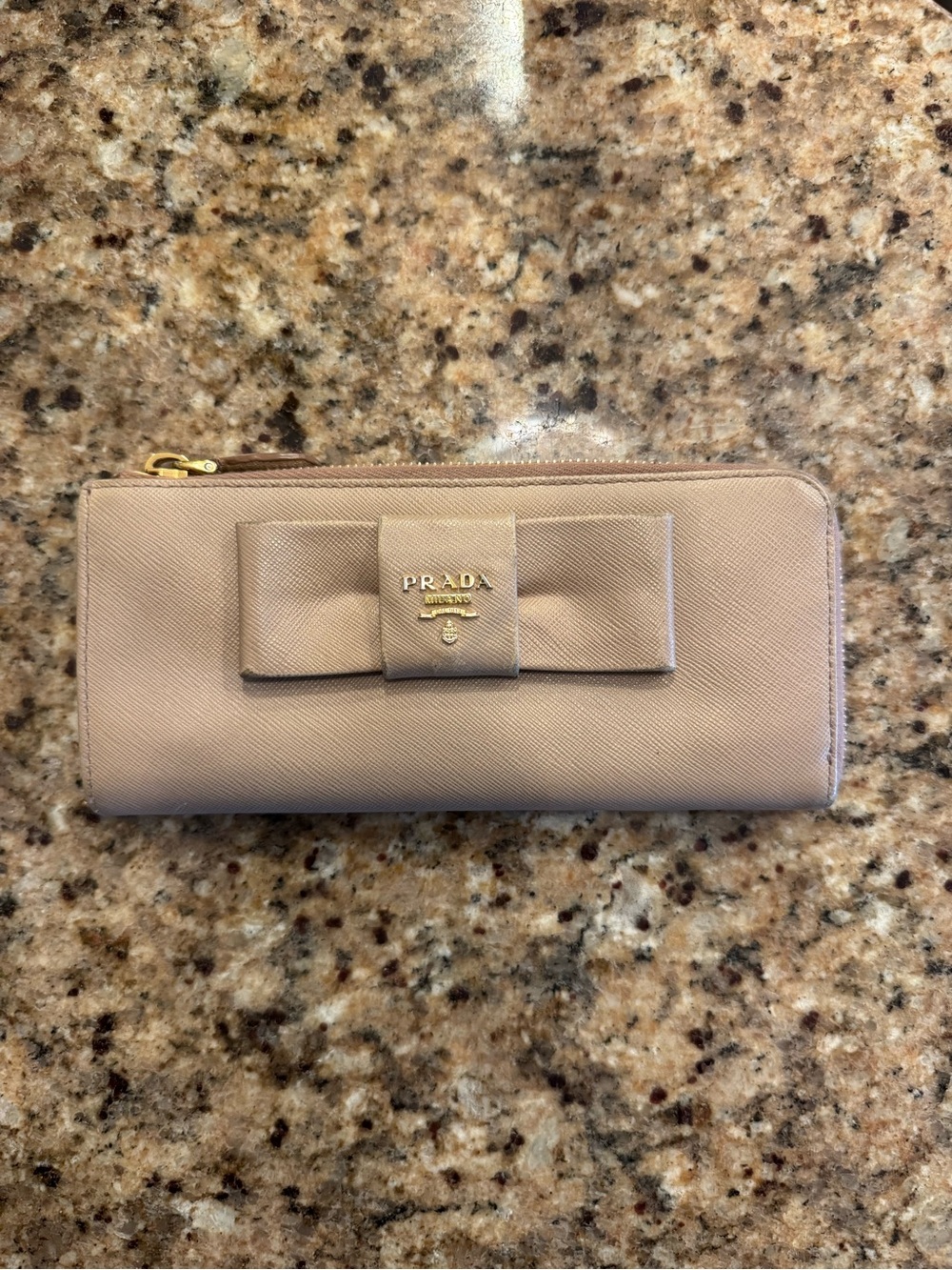Prada Beige Saffiano Bow Zip-Around Wallet with Gold Logo